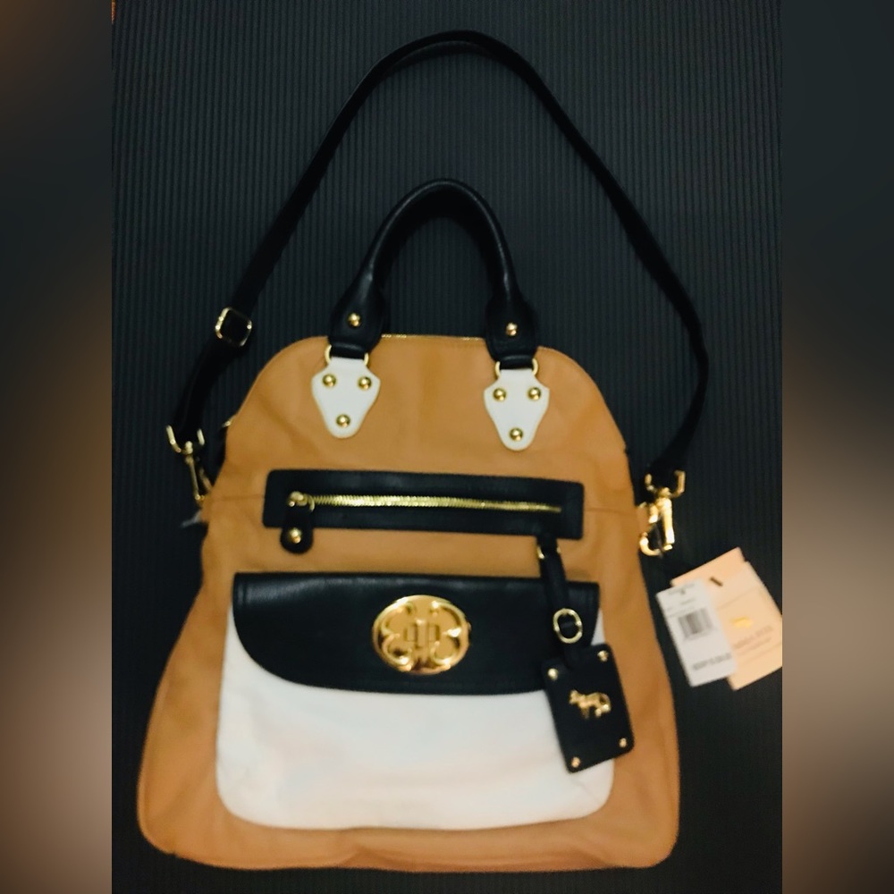 NWT Emma Fox Genuine Leather Tan Black Colorblock Crossover Shoulder Bag